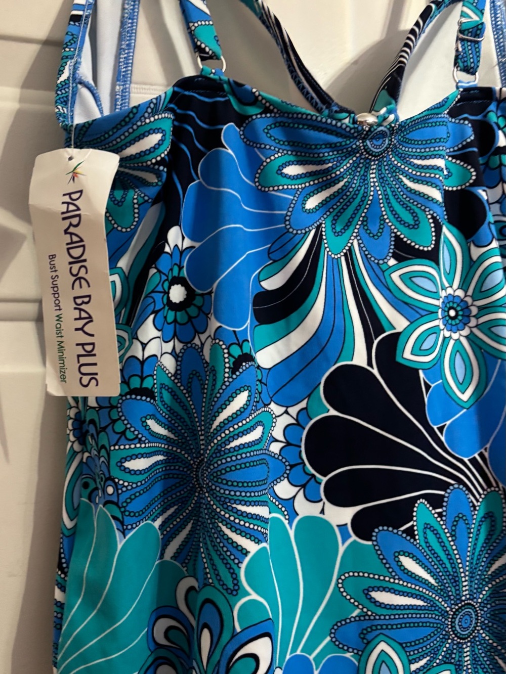 Tropical Blue/Turquoise Floral One-Piece Swimsuit with ruching—18W - Picture 10 of 10